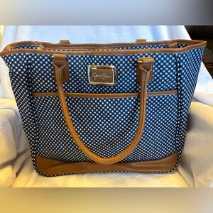 Jessica Simpson Blue White Dot Tan Travel Tote Laptop Bag Handbag
